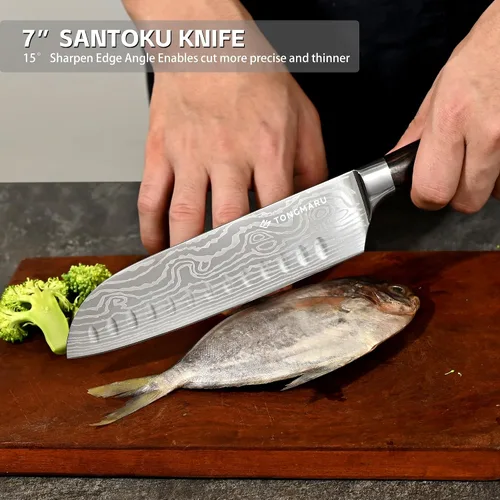 Vista 6 de Juego de cuchillos de chef de cocina profesional, Razor Sharp de acero alemán de alto carbono, 3 piezas, mango ergonómico de madera de Pakkawood