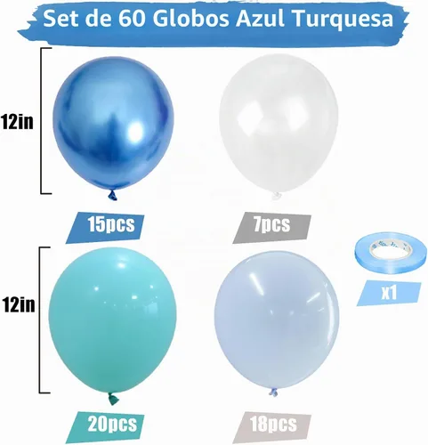 Vista 3 de Globos azul turquesa, 60 unidades de globos azul turquesa con globo azul metálico transparente, globos pastel azul bebé perla y turquesa para Azul