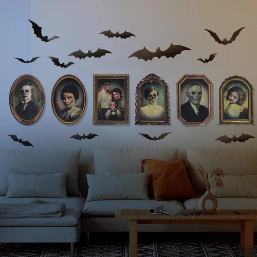 Vista 5 de Geetery 52 piezas de decoración de Halloween para interiores 3D cambiantes de cara de terror con calcomanías de murciélago 3D, castillo de terror