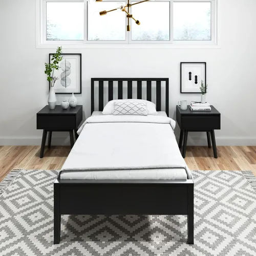 Vista 3 de Plank+Beam Base de cama individual moderna de madera maciza con cabecera de listones, plataforma escandinava con soporte de listones de madera, Negro
