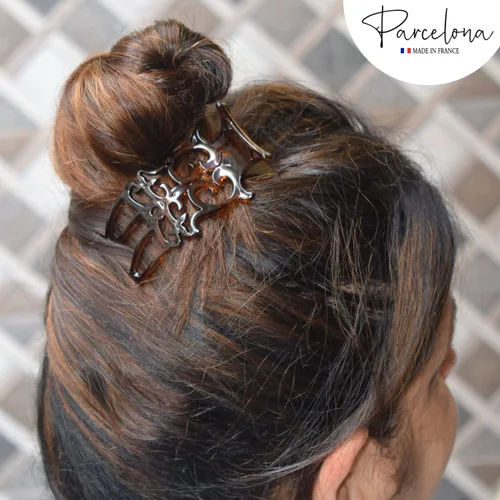 Vista 3 de Parcelona Pequeña diapositiva francesa de celuloide intrincada en la pinza lateral del pelo del deslizador para el pelo fino