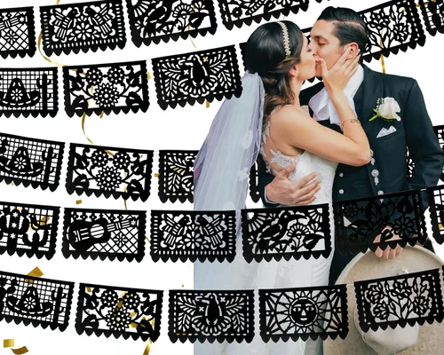Vista 3 de Pancartas de papel picado negras, decoraciones de fiesta, pancarta de fiesta mexicana, banderines, guirnaldas, serpentinas para bodas, quinceañeras