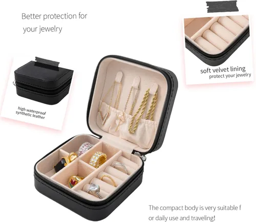 Vista 3 de KElofoN Organizador de joyas de viaje, joyero de viaje, caja organizadora de joyas pequeña para niñas y mujeres (negro)