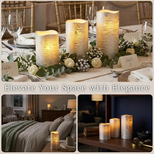 Vista 5 de Lavish Home Juego de 3 velas LED sin llama con control remoto, velas de pilar de cera real con temporizador y acabado metálico envejecido (plateado)