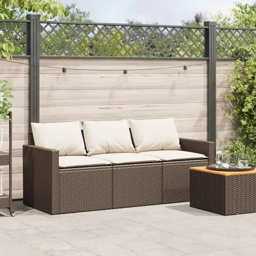 Vista 3 de Patio Sofa 3-Seater Brown Poly Rattan with Cushions Brown and Cream White
