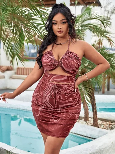 Vista 5 de WDIRARA Vestido corto ajustado sin espalda con estampado halter y espalda descubierta para mujer