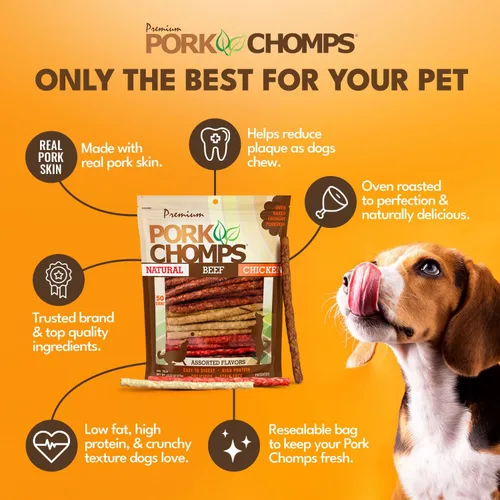 Vista 3 de Pork Chomps Masticables para perros, palitos de 5 pulgadas, sabores surtidos, 50