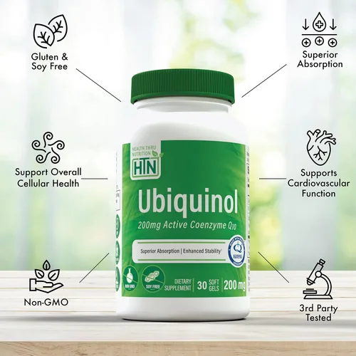 Vista 4 de Health Thru Nutrition Ubiquinol 200 mg 30 cápsulas blandas como Kaneka QH reducido CoQ-10 Estabilizado - Probado por terceros Biodisponibilidad