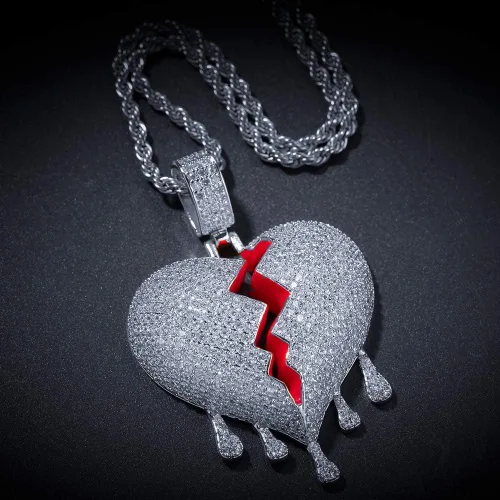 Vista 3 de Kmasal Jewelry Hip Hop Iced Out Broke Heart Chain Bling colgante chapado en oro de 18 quilates collar para hombres y mujeres, latín, 0, Plateado