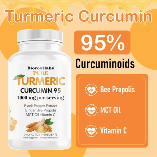 Vista 2 de Curcumina de cúrcuma con pimienta negra Suplemento de curcumina de cúrcuma pura 95% de curcuminoides con propóleo de abeja, jengibre, aceite