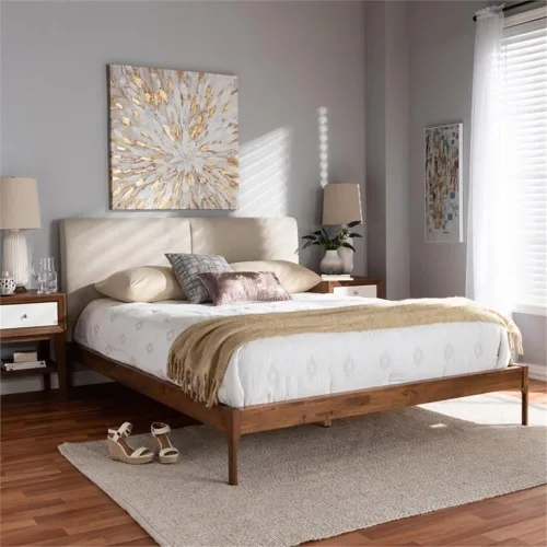 Vista 2 de Baxton Studio Aveneil Mid-Century - Cama tapizada de tela beige con acabado de nogal tamaño matrimonial