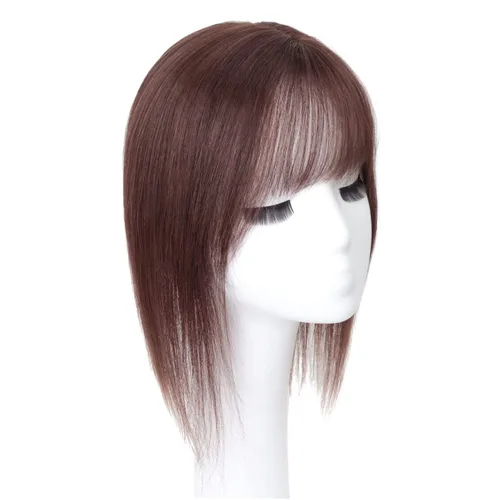 Vista 7 de Parte media parte de seda parte base cabello humano Topper 2.8x3.9 in frente recto clip en postizo con flecos Wispy 7.9 in negro apagado