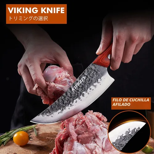 Vista 5 de Juego de cuchillos de carnicero profesional, cuchilla de carne pesada forjada a mano, cuchillo de chef serbio, cuchillo de deshuesado vikingo, juego