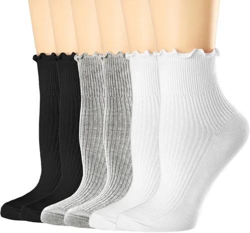 Vista 6 de Mcool Mary Calcetines con volantes para mujer, lindos calcetines de tobillo cálidos de invierno, de algodón de punto ondulado, paquete de 6 1 verde