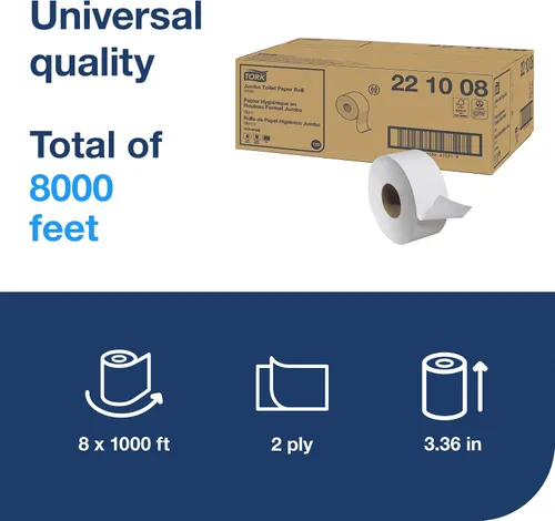 Vista 2 de Tork Rollo de papel higiénico Jumbo Blanco T22, Universal, 2 capas, 8x1000', 221008