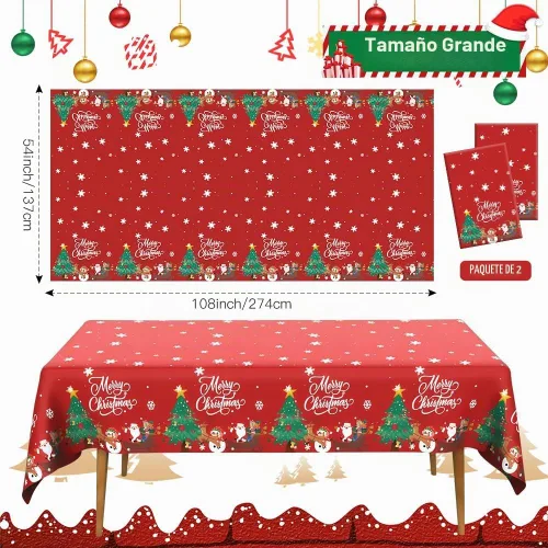 Vista 2 de Mantel de Navidad, 2 piezas de mantel desechable de plástico rojo, mantel de 54 x 108 pulgadas para decoraciones de Navidad, mantel de árbol