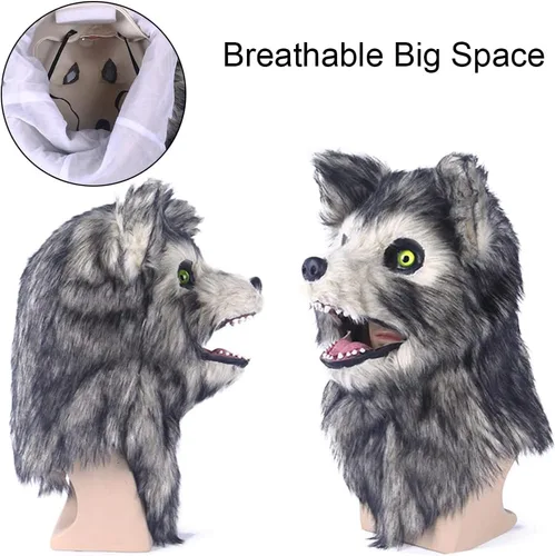 Vista 5 de Cosermart Máscara de lobo de zorro peludo, máscaras divertidas para perros, oso aterrador, mandíbula móvil realista, cabeza de animal de piel