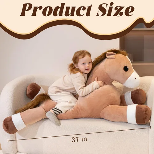 Vista 3 de Animales de peluche de caballo gigante, almohada de peluche grande de caballo grande, poni de peluche grande y suave de 37 pulgadas, lindos juguetes