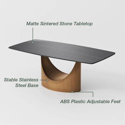 Vista 6 de POVISON Juego de mesa de comedor para 4, mesa rectangular negra de piedra sinterizada mate de 63 pulgadas con base de acero al carbono bronce, silla