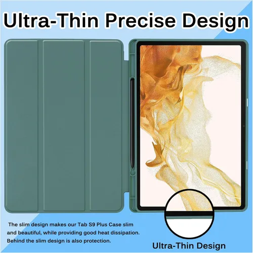 Vista 5 de Miimall Funda compatible con Galaxy Tab S9 Plus, a prueba de caídas y golpes, material de protección de policarbonato suave y TPU, ultrafina y Verde