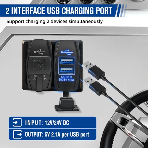 Vista 3 de Anina Cargador USB Dual Estilo Interruptor Basculante de 4.2A con Luz LED Azul, Puerto USB Impermeable con Fusible de 10A para Panel de Interruptor