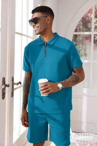 Vista 4 de Aulemen Conjunto deportivo de 2 piezas con cremallera para hombre, manga corta, camisa polo estampada y pantalones cortos, conjuntos de verano