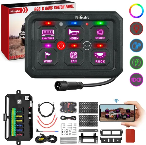 Vista 15 de Nilight Panel de Interruptores de 6 Posiciones Sistema de Relé de Control de Circuito Universal con Arnés de Cableado con Fusible LED Pod Regulable