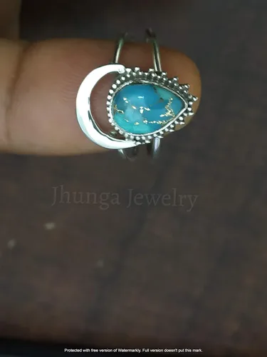 Vista 8 de Anillo azul de cobre turquesa, plata de ley 925, anillo en forma de media luna, anillo de dos bandas, Boho Chic, joyería de boda de promesa, anillo