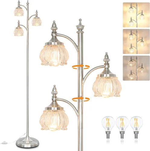 Vista 21 de JUNNAI Lámparas de pie negras para sala de estar, lámparas de pie de 66.5 pulgadas con pantalla de cristal, luces de brillo de 3 vías, lámpara