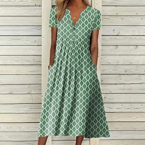 Vista 4 de Vestidos de mujer sueltos lisos, vestidos largos casuales con bolsillos, vestido floral para la playa, vestido midi verde, Verde