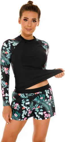 Vista 2 de Conjunto de tankini azteca de manga larga para mujer Negro Gl235