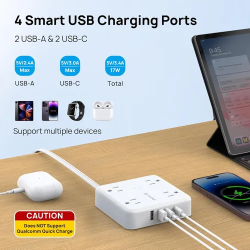 Vista 2 de TROND Regleta protectora de sobretensiones con puertos USB, cable de extensión de enchufe plano de 10 pies con múltiples tomas, 1440J, montaje