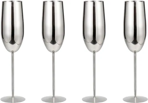 Vista 11 de Copas de champán de acero inoxidable, juego de 4 copas de vino irrompibles de 9.5 onzas, copas elegantes de tallo para tostadas a mano, para bodas