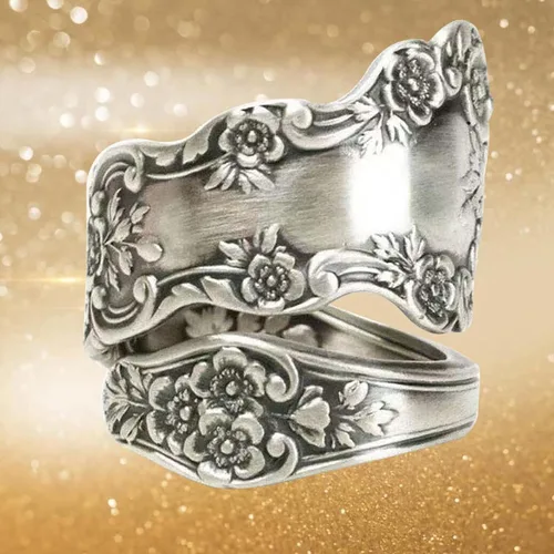Vista 3 de Anillo ajustable de plata de ley 925 con cuchara oxidada, regalo de joyería para mujer