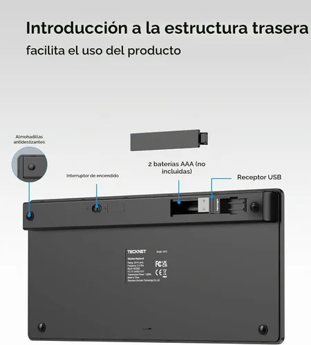 Vista 6 de TECKNET Teclado inalámbrico 2.4G, mini teclado compacto con teclas rápidas multimedia, duración de la batería de 12 meses, compatible con PC Negro