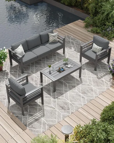 Vista 18 de AECOJOY Juego de muebles de patio de aluminio, muebles modernos de exterior de 5 asientos con mesa auxiliar, 4 piezas de sofá seccional