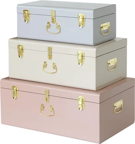 Vista 9 de Vixdonos Juego de 2 baúles decorativos de metal grande, organizador de dormitorio universitario con cerrojos y asa para decoración del hogar, 23.7 x
