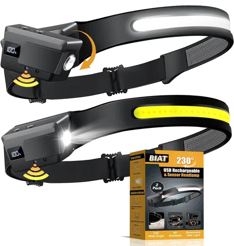 Vista 10 de Linterna frontal LED recargable, luz frontal de haz ancho de 230° con sensor de movimiento, rotación de 90° y luces frontales removibles
