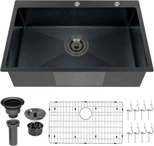 Vista 18 de Fregadero de Barra Negro Empotrable de 15x15 Pulgadas - Fregadero de Cocina Cuadrado Pequeño de Acero Inoxidable de Montaje Superior para Estación