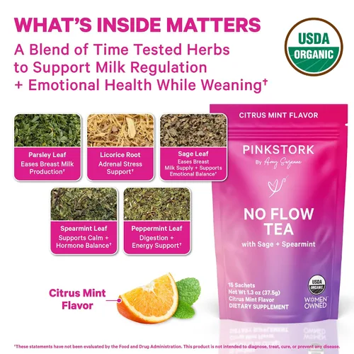Vista 3 de Pink Stork Té de Destete Sin Flujo - Salvia Orgánica, Perejil, Menta - Apoya la Transición Natural del Destete - Apoyo para la Lactancia Sin Cafeína