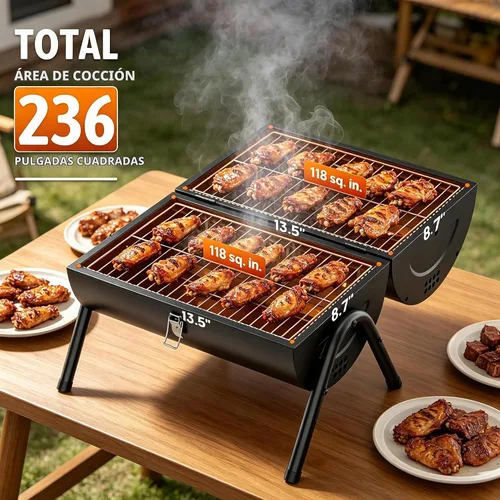 Vista 2 de Parrilla de carbón portátil con rejilla de calentamiento, mango de madera, parrilla de barbacoa de mesa para barbacoa al aire libre, camping