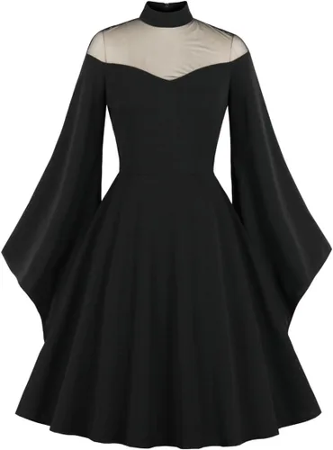 Vista 5 de IWEMEK Vestido de mujer de malla de manga larga gótico de cóctel vintage gótico transparente con panel de ilusión para invitada de boda, vestido