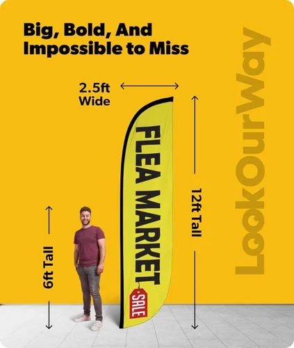 Vista 3 de LookOurWay Bandera de plumas – Banderas publicitarias de 12 pies de alto para promoción de negocios y eventos al aire libre – Bandera Swooper Only