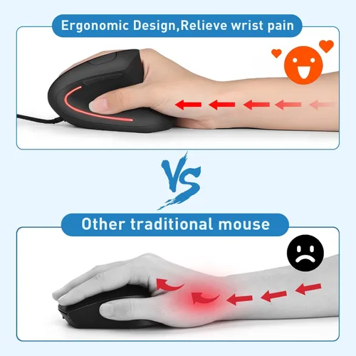 Vista 2 de Ratón ergonómico con cable, mouse vertical con cable USB con 800/1200/1600 DPI ajustable, 6 botones ergonómico para portátil/PC/escritorio, negro