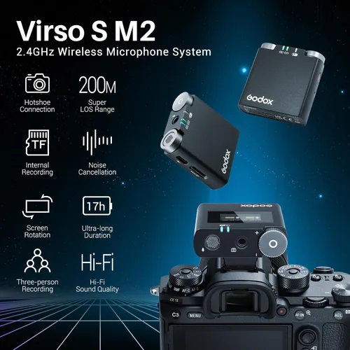 Vista 2 de GODOX Virso S M2 Micrófono inalámbrico para Sony, micrófono de solapa inalámbrico con cancelación de ruido de 2.4 GHz, rango de 656 pies, batería