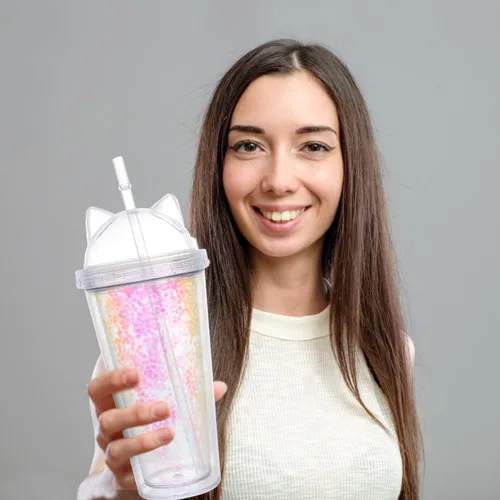 Vista 9 de UPKOCH Vaso de agua de doble pared con forma de oreja de gato, vaso de paja de plástico con lentejuelas, elegante botella de bebida reutilizable