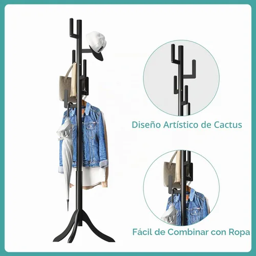 Vista 4 de Perchero negro independiente, árbol de bambú de cactus, soporte de madera de altura ajustable con 6 ganchos, perchero para niños, utilizado