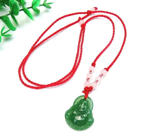 Vista 8 de FORUBUS Collar con colgante de cuerda roja con círculo de Buda de jade verde, amuleto tradicional chino para suerte y protección