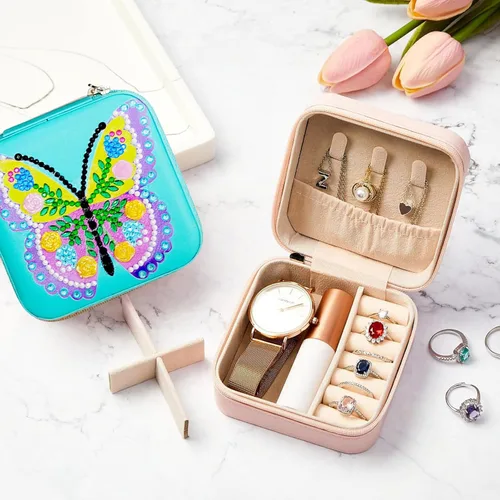 Vista 4 de Leatrice Joyero de viaje de mariposa para niñas, pintura de diamantes, mini estuche de viaje para joyería, estuche organizador de viaje y soporte