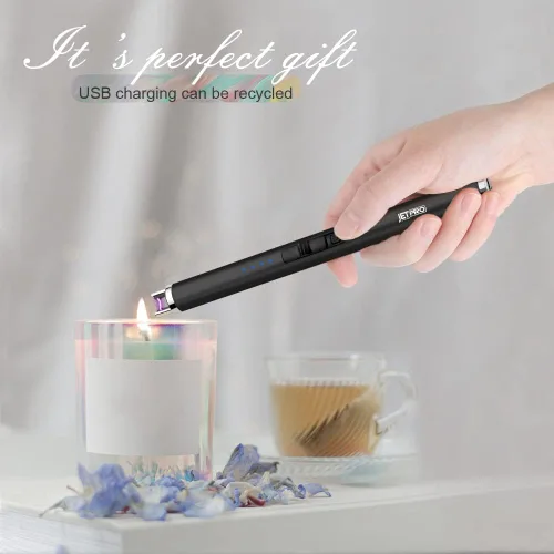 Vista 2 de Encendedor de velas recargable por USB, encendedor de arco electrónico, resistente al viento, sin llama, con botón de seguridad para camping, Negro